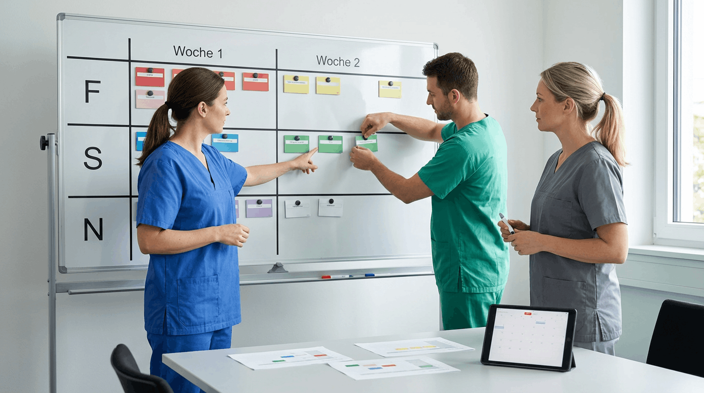 Drei medizinische Fachkräfte besprechen einen Rahmendienstplan an einem Whiteboard mit Schichtdienst-Übersicht nach Wochen und Tagen – eine umständliche alternative zur automatischen Rahmendiensplanung mit Planerio