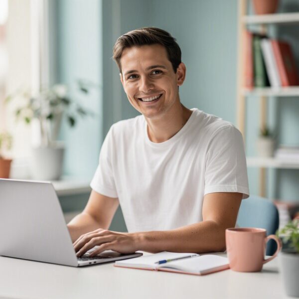Un homme souriant en T-shirt blanc est assis à un bureau lumineux et travaille sur un ordinateur portable. À côté de lui se trouvent un carnet ouvert avec un stylo et une tasse rose ; à l'arrière-plan, une étagère avec des classeurs et des plantes.