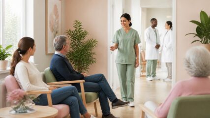 MFA ruft im Wartezimmer einer Arztpraxis lächelnd die nächsten Patient:innen auf. Im Flur sprechen Ärztin und Arzt, dank fairem Praxis-Dienstplan ist das Team gut besetzt.