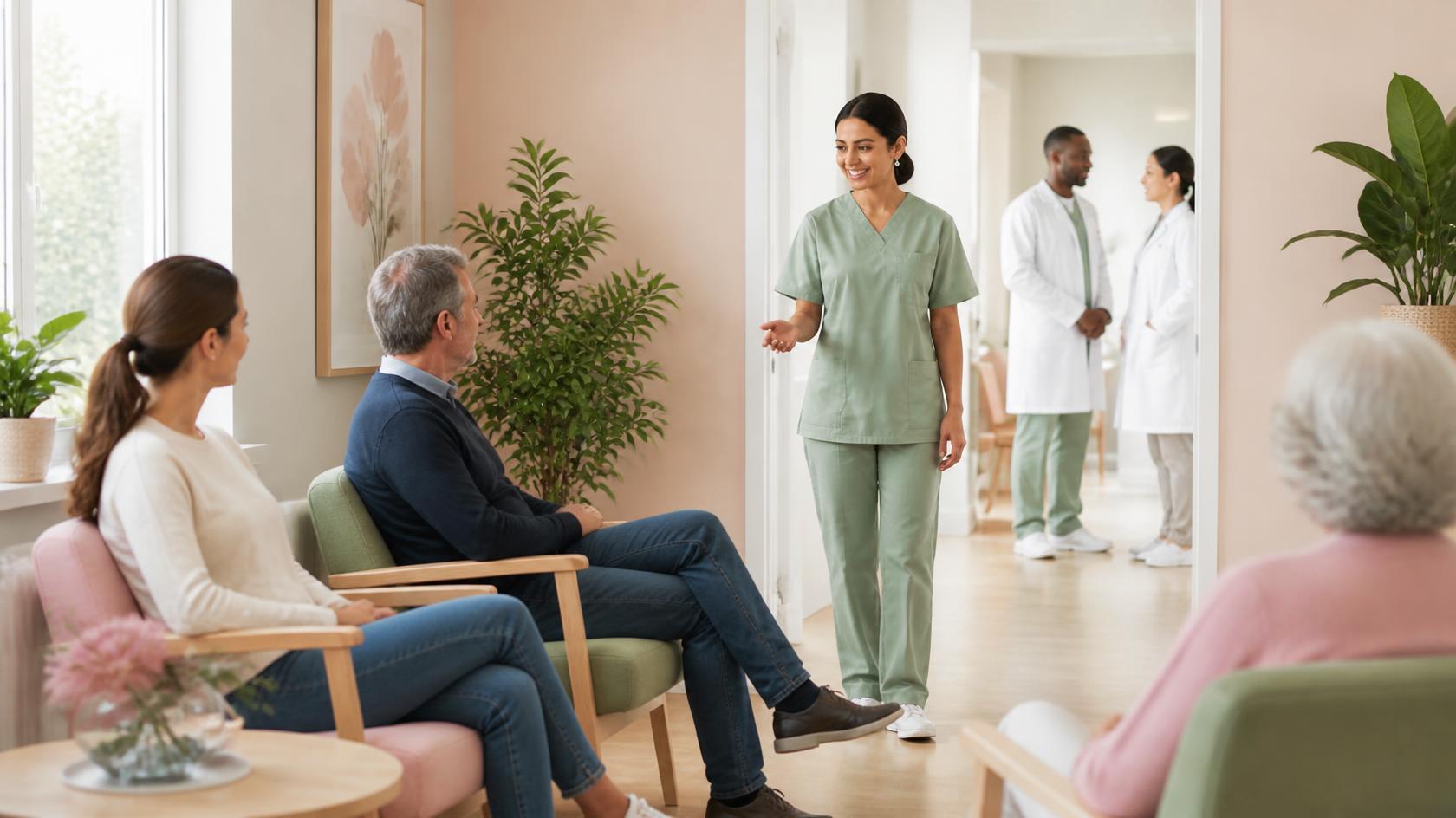 MFA ruft im Wartezimmer einer Arztpraxis lächelnd die nächsten Patient:innen auf. Im Flur sprechen Ärztin und Arzt, dank fairem Praxis-Dienstplan ist das Team gut besetzt.